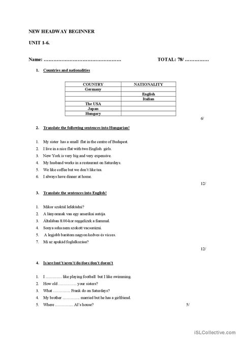 Headway Beginner 1-6: English ESL worksheets pdf & doc