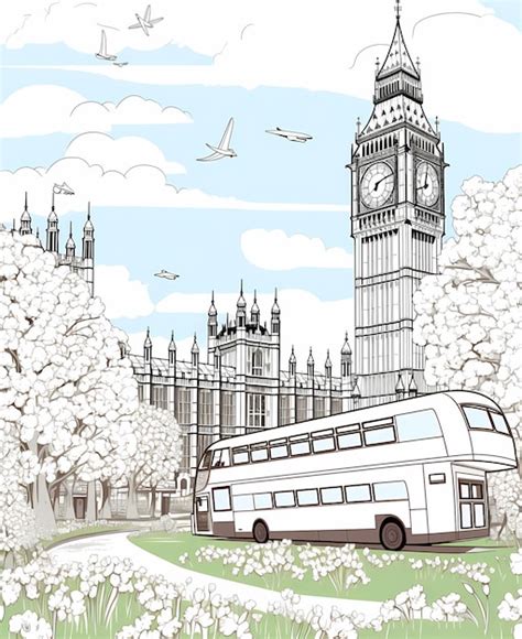 CartoonStyle Página de colorir Big Ben e o ônibus vermelho Foto