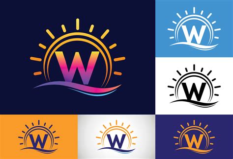 Initial W Monogram Alphabet With Abstract Sun And Wave Ocean Sun Logo