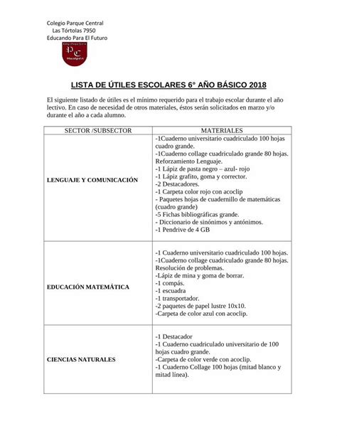 PDF LISTA DE ÚTILES ESCOLARES 6 AÑO BÁSICO 2018colegioparquecentral