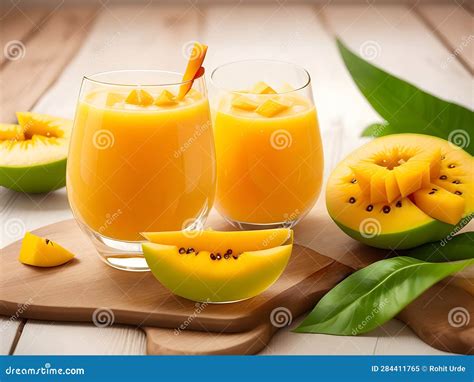 Vibrant Delicious Mango Juice Glasses With Slice Of Mango And Leaves Around On Wooden Plate On