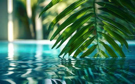 Premium AI Image A Green Leaf Of A Palm Tree Is Reflected In A Pool