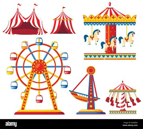 Set Of Carnival Circus Icons Amusement Park Collection Tent Carousel