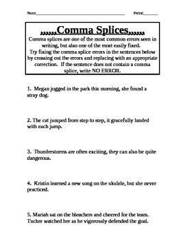 Grammar Worksheet Comma Splices