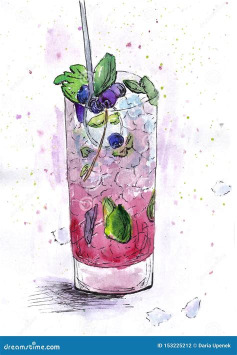 Drink Blueberry Watercolor Cold Bar Glass Watermelon Stock Illustration