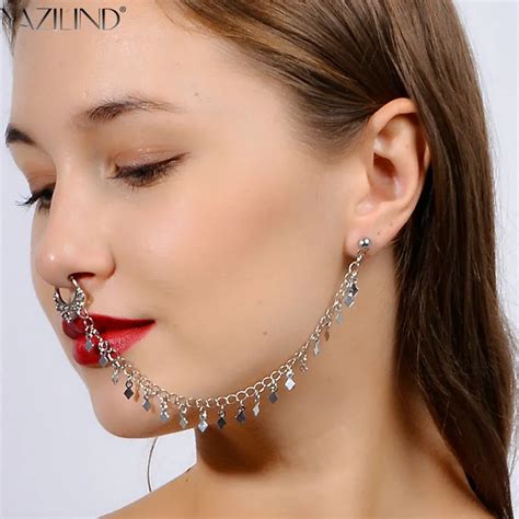 Yazilind New Punk Thai Style Tassel Fake Septum And Studs Earring Chain