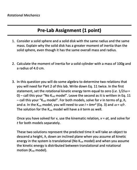 Solved Rotational Mechanics Pre Lab Assignment Point Chegg