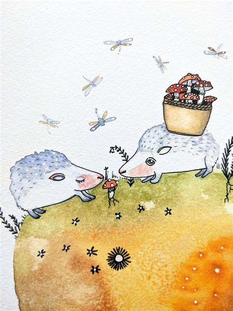 Watercolor Giclee Print Original Painting By Nora Hedgehogs Mushrooms