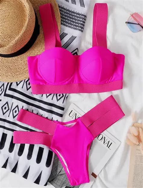 Женский розовый купальник на резинках лиф на пушапе с косточками (ID ...