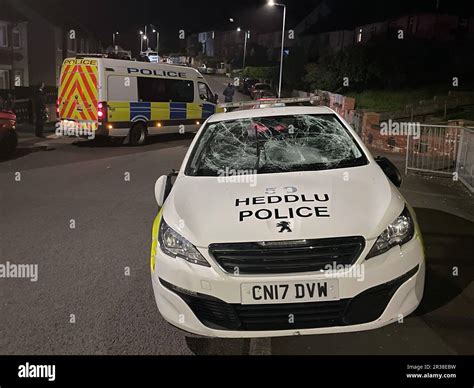 A Police Car With A Smashed Windsrceen In Ely Cardiff During A Large