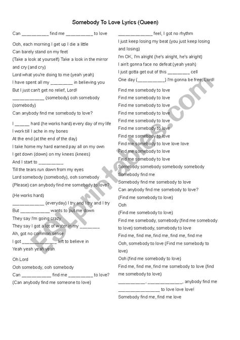 Song Activity Somebody To Love Queen Esl Worksheet By Gabibraz