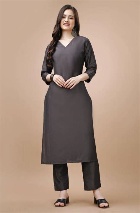 Buy MOJILAA Women S Taupe Chinon Silk Solid Kurta With Pant Online At