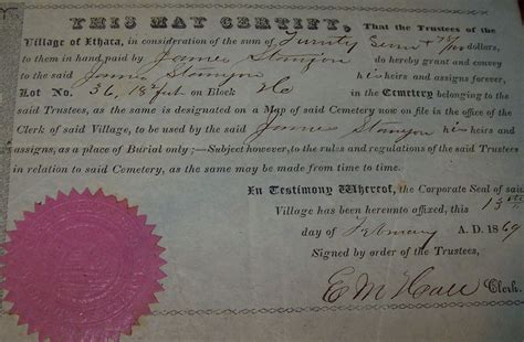 1869 Antique James Stanyon Cemetery Plot Certificate Village Ithaca Ny Document 1800 99