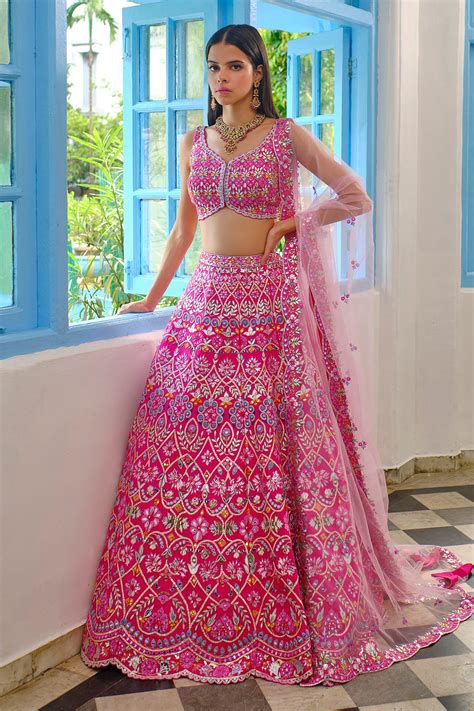 Buy Pink Dupion Silk Embroidered Floral Leaf Neck Lehenga Set For Women