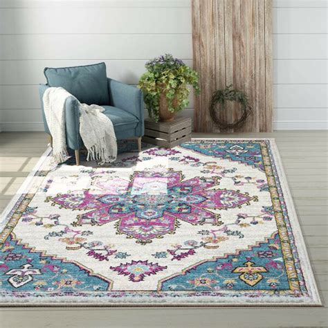 Bungalow Rose Machine Woven Power Loomed Performance Blue Pink Rug