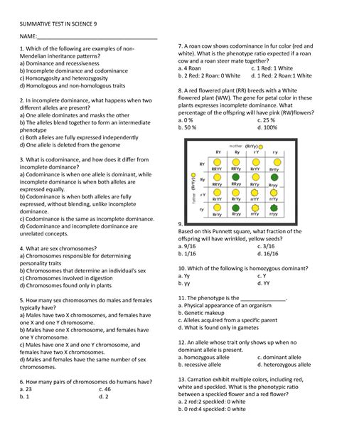 Summative Test In Science 9 Second Non Mendelian Inheritance And Sex Chromosomes Summative