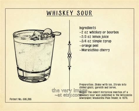 Whiskey Sour Poster Cocktail Recipe Print Bar Art Whiskey Etsy