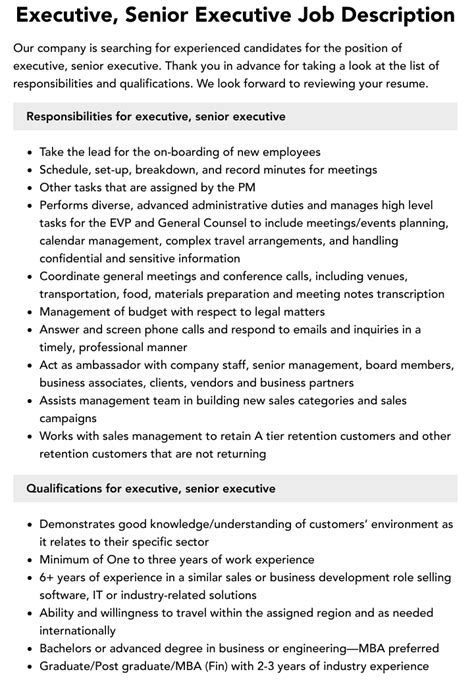 Executive Senior Executive Job Description Velvet Jobs