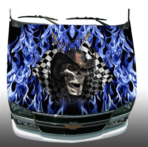 Racing Skull Checkered Flag Blue Flame Fire Vehicle Hood Wrap Vinyl