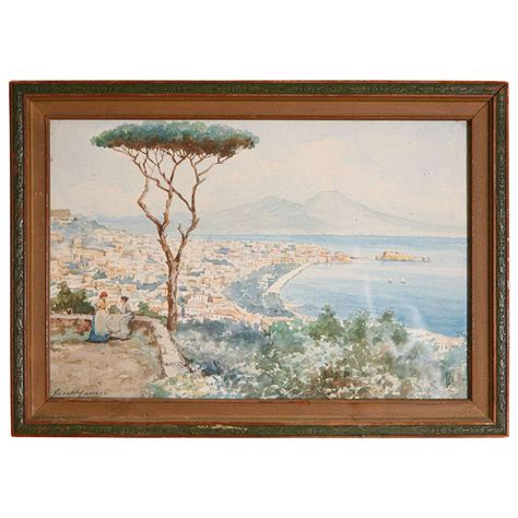 An Italian Grand Tour Watercolor Of Bay Of Naples With Vesuvius Circa