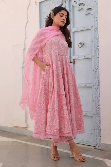 Buy Pink Cotton Hand Block Print And Embroidered Floral Jaal Anarkali