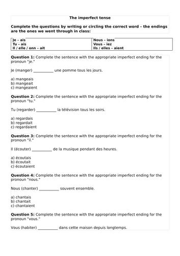 Grammar imperfect regular endings | Teaching Resources