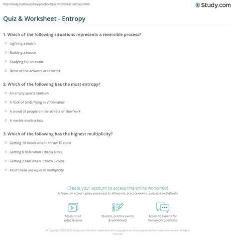 Quiz Worksheet Entropy Study