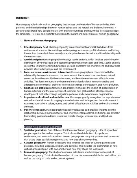 Human Geography - hgkd - DEFINITION Human geography is a branch of geography that focuses on the