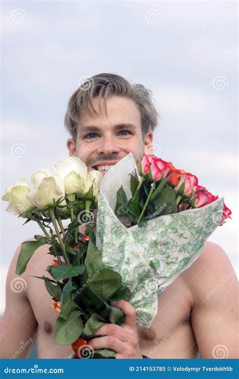 Man With Bouquet Flowers Naked Male Gift Mothersday Or Valentine Gift Romantic Handsome Guy