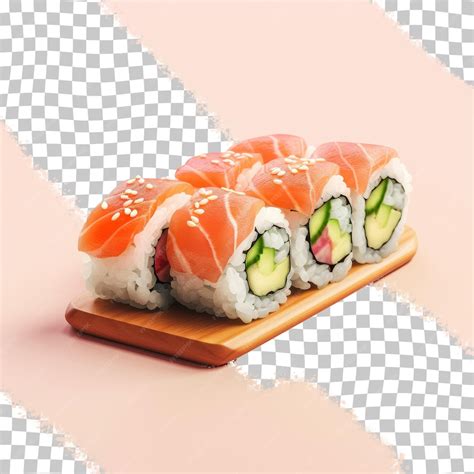 Premium PSD | A sushi rolls with one piece of sushi on a wooden board.