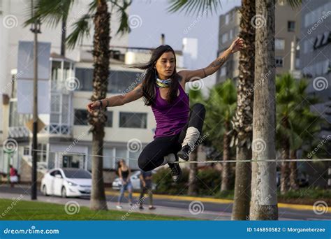 Girl Equilibrist Hanging Upside Down In Circus Slender Woman Showing