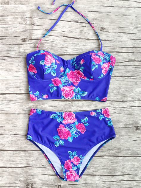 Rose Print High Waist Bikini Set SheIn Sheinside