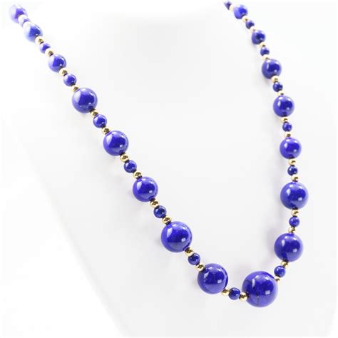 14k Yellow Gold And Natural Lapis Estate Bead Necklace