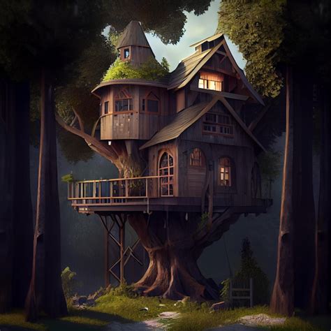 Premium Photo Luxury Tree House In The Forest D Render Illustration