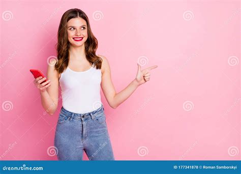 Portrait Of Positive Cheerful Girl Use Smart Phone Point Index Finger