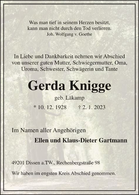 Traueranzeigen Von Gerda Knigge Noz Trauerportal