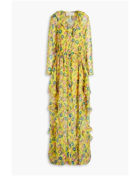 Saloni Izzie Ruffled Floral Print Silk Georgette Maxi Dress In Yellow