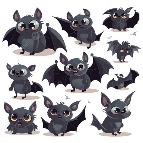 Black Bats Vector Sticker Clipart Cute Funny Cartoon Bat Set With