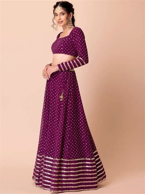 Fabpixel Purple Gold Toned Embroidered Sequinned Semi Stitched