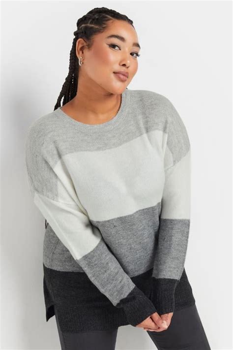 Yours Plus Size Grey Colourblock Stripe Knitted Jumper Yours Clothing