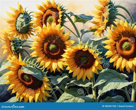 Una Pintura De Un Ramo De Girasoles En Un Campo Ai Generativo Stock De