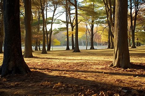 Hutan Musim Gugur Dengan Pepohonan Dan Rumput Yang Rindang, Musim Gugur ...