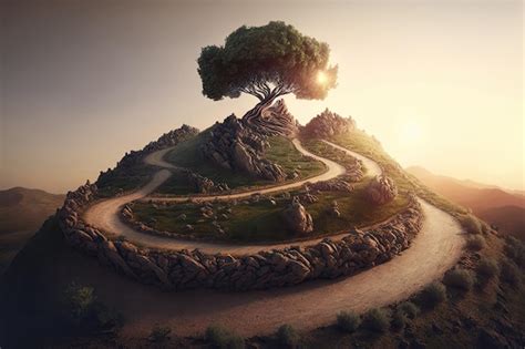 Premium Photo Surreal Giant Tree On Top Of A Hill Detailed Path Up