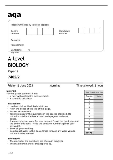 Aqa Biology A Level Question Paper And Mark Scheme June