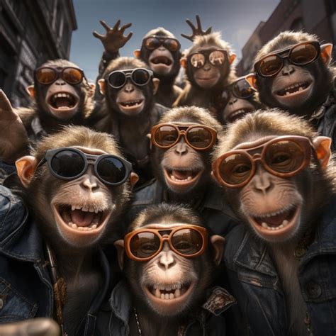 Monkeys portrait with sunglasses Funny animals in a group together ...