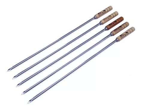 Kit 5 Espetos Artesanais Churrasco Aço Inox Polido Madeira Frete grátis