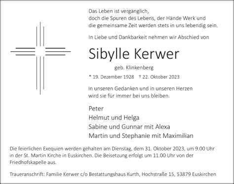 Traueranzeigen Von Sibylle Kerwer WirTrauern