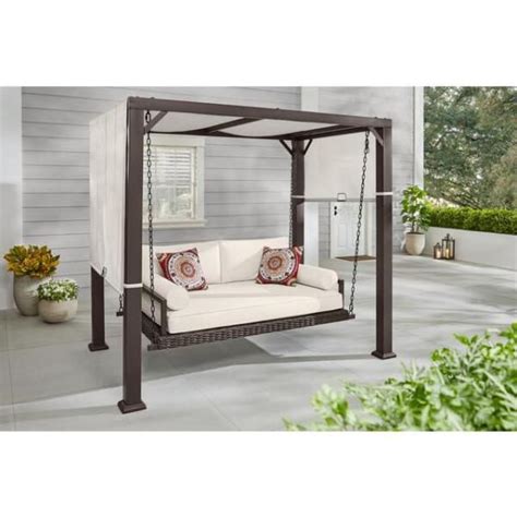 Hampton Bay In Metal Wicker Patio Daybed Swing With Almond Biscotti