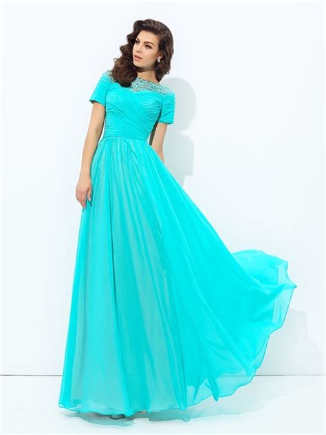 A Line Princess Bateau Lace Short Sleeves Long Chiffon Dresses Hebeos