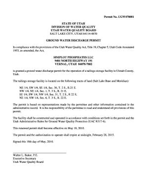 Fillable Online Waterquality Utah Vernal Utah Discharge Permit Form Fax